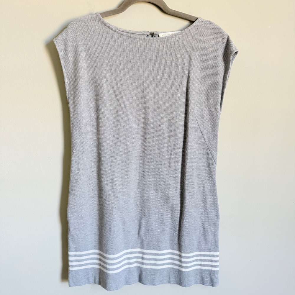 Ann Mashburn Grey Cotton Knit Sleeveless Shift Dress White Striped Hem Size M